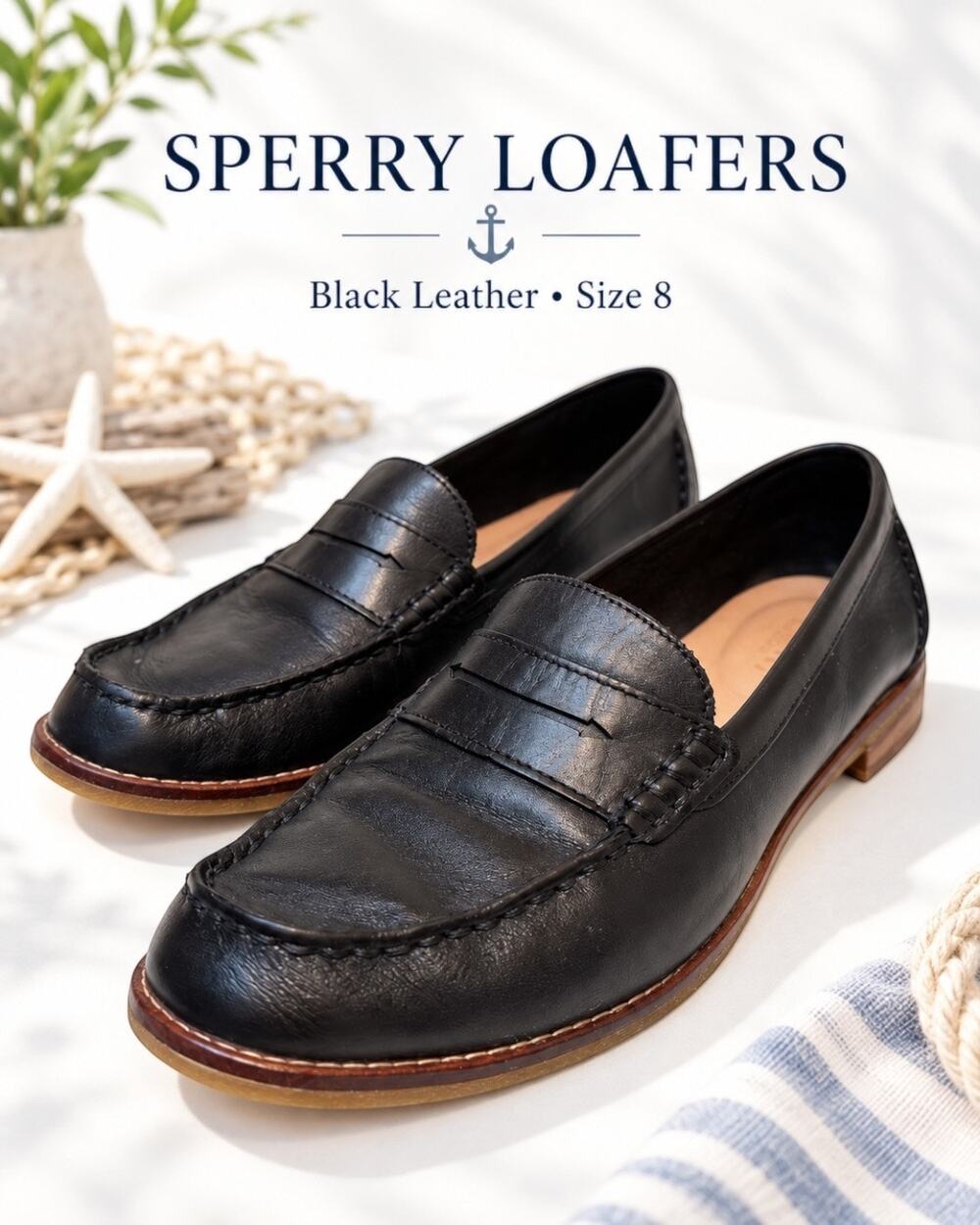Sperry Black Leather Penny Loafers Women’s Size 8 Classic Preppy Shoes